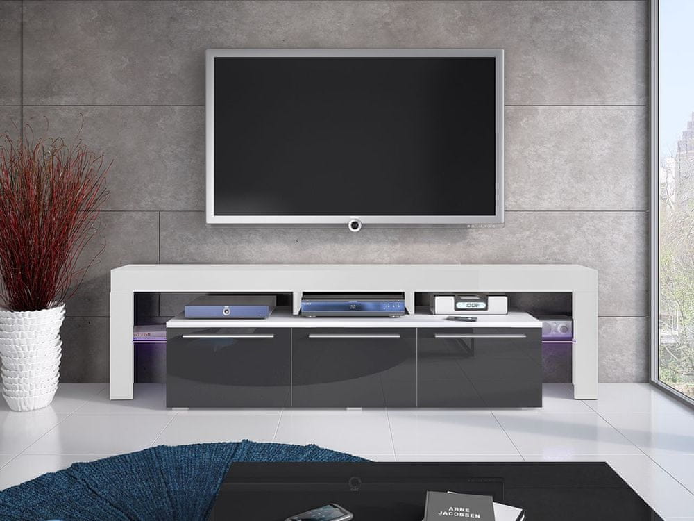 Veneti Televízny stolík s LED osvetlením LAME - biely / lesklý šedý